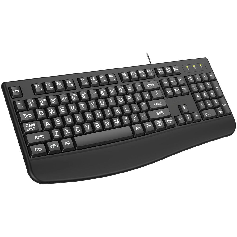 Large Print Ergonomic Keyboard, Full Size with Wrist Rest, Wired USB